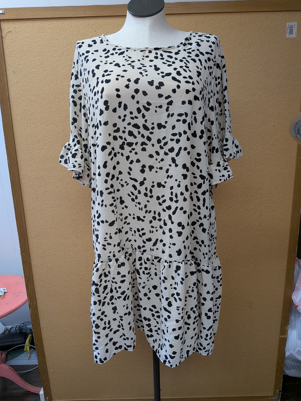 Cream & Black Spot Print Ruffle Sleeve Dress